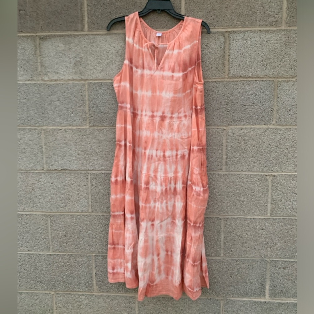 Old Navy Tiered Tie V-Neck Pink Tie Dye Midi Swing Dress Pockets Summer Size XL
